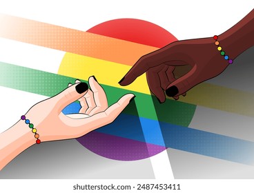 Bunte Vektorgrafik für LGBT-Stolz. Hände von zwei LGBT-Personen, die sich erreichen. Armbänder. Liebe und Freundschaft in der LGBTQIAPN+ Community. LGBT-Flag, Symbole und Halbton-Elemente im Hintergrund.