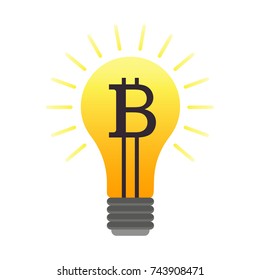 Colorful vector lightbulb with bitcoin, cryptocurrency business idea. Flat finance symbol with internet currency sign in the orange bulb