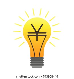 Colorful vector lightbulb with yen, business idea. Flat finance symbol with japanese or chinese currency sign in the orange bulb