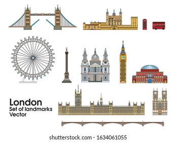 Colorful vector line art set of London landmarks. Skyline vector illustration isolated on white background. Set of vector colorful illustration of attractions of London, England. 