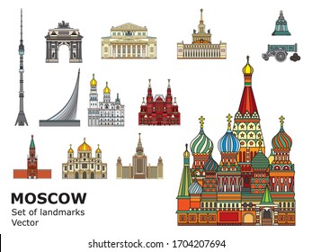 Colorful vector line art set of Moscow landmarks. Vector illustration isolated on white background. Set of vector colorful illustration of attractions of Moscow,Russia. Stock illustration 