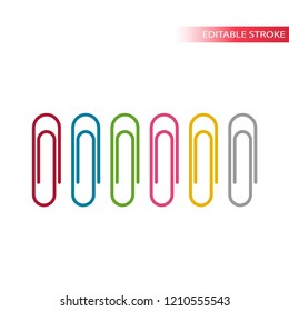 Colorful vector line paperclip set. Paper clips vector icons, editable stroke.