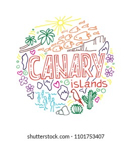 Colorful vector linear illustration of Canary. Round pattern with the main symbols of Canary, isolated elements. Can be used as a sticker,  prints for t-shirts and cups, cards, posters.