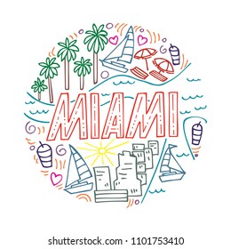 Colorful vector linear illustration of Miami. Round pattern with the main symbols of Miami, isolated elements. Can be used as a sticker,  prints for t-shirts and cups, cards, posters.