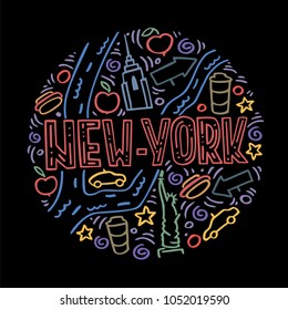 Colorful vector linear illustration of New York on black background. Round pattern with the mail symbols of New York with isolated elements. Can be used as a sticker.
