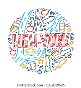 Colorful vector linear illustration of New York. Round pattern with the mail symbols of New York with isolated elements. Can be used as a sticker.