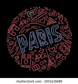 Colorful vector linear illustration of Paris on black background. Round pattern with the mail symbols of Paris isolated elements. Can be used as a sticker