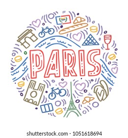 Colorful vector linear illustration of Paris. Round pattern with the mail symbols of Paris isolated elements. Can be used as a sticker