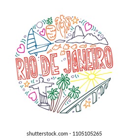 Colorful vector linear illustration of Rio de Janeiro. Round pattern with the main symbols of Rio de Janeiro, isolated elements. Can be used as a sticker, prints for t-shirts and cups, cards, posters.