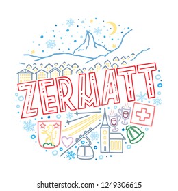 Colorful vector linear illustration of Zermatt. Round winter pattern with the main symbols of Zermatt with isolated elements. Can be used as a sticker, print for t shirts, posters, cards, articles
