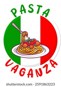 A colorful vector logo featuring a plate of spaghetti with meatballs and tomato sauce, set against the Italian flag. Pasta Vaganza text adds a fun, Italian cuisine-inspired touch.Can be use as logo