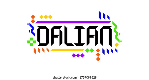 Colorful vector logo font of the city of Dalian, in a geometric, playful finish. The abstract asiatic ornament is a great representation of a tourism-oriented, dynamic, innovative culture of China.