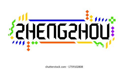 
Colorful vector logo font for city of Zhengzhou, in a geometric, playful finish. The abstract asiatic ornament is a great representation of a tourism-oriented, dynamic, innovative culture of China.