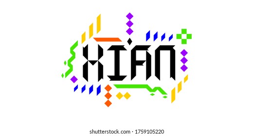 
Colorful vector logo font of the city of Xian, in a geometric, playful finish. The abstract asiatic ornament is a great representation of a tourism-oriented, dynamic, innovative culture of China.