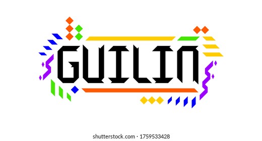 Colorful vector logo font of the city of Guilin, in a geometric, playful finish. The abstract asiatic ornament is a great representation of a tourism-oriented, dynamic, innovative culture of China.