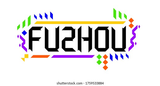 Colorful vector logo font of the city of Fuzhou, in a geometric, playful finish. The abstract asiatic ornament is a great representation of a tourism-oriented, dynamic, innovative culture of China.