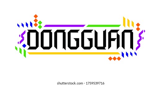 Colorful vector logo font of the city of Dongguan, in a geometric, playful finish. The abstract asiatic ornament is a great representation of a tourism-oriented, dynamic, innovative culture of China.