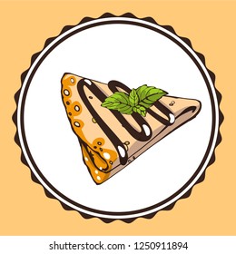 Colorful vector logo for French crepe pastry, triangle Suzette with chocolate dessert with mint. Line drawing Fried thin pancakes with chocolate sauce.