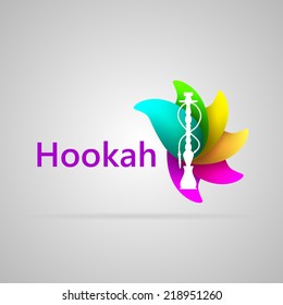 Colorful vector logo for hookah. Abstract logotype of white silhouette hookah on the colorful flavour petals and word Hookah. Isolated vector illustration on gray.