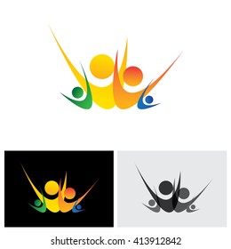 Colorful vector logo icon of abstract happy family of son, daughter, father & mother. This also represents happy family celebrating being together and having fun