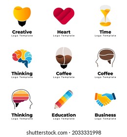 Coloridas plantillas de logotipo vectorial. Resumen del signo educativo. Pensamiento creativo. Símbolo médico del corazón. Generando ideas de elemento gráfico. Grano de café. Concepto de tiempo de reloj de arena. Icono de apretón de manos.