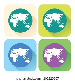  Colorful vector long shadow icons of Earth. East globe site.