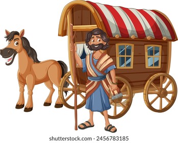 Colorful vector of a man with his horse and cart