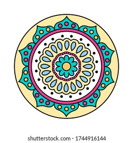 Mandala vectorial colorida con elementos florales y decorativos. Patrón redondo para libro, diseño, ilustración, juegos, pegatinas, relax y meditación.