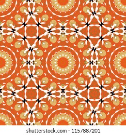 Colorful vector Mandala. Oriental motifs. Geometric circle element made in orange, yellow and white colors. Round Ornament seamless pattern. Arabic, Indian religions.