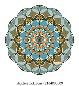 Colorida textura de patrón de manala de vector. Moto floral de círculo geométrico con pétalos y hojas estilizadas. Diseño abstracto de estilo asiático u oriental. Pallet de color retro. 