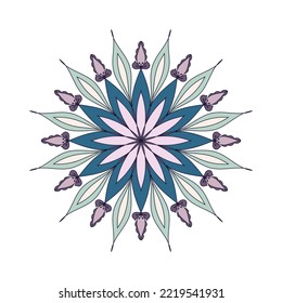 Colorful vector mandala round pattern texture. Geometrical circle floral motif with petals and stylized leaves. Abstract design in Asian or oriental style, arabesque. Retro color pallet.