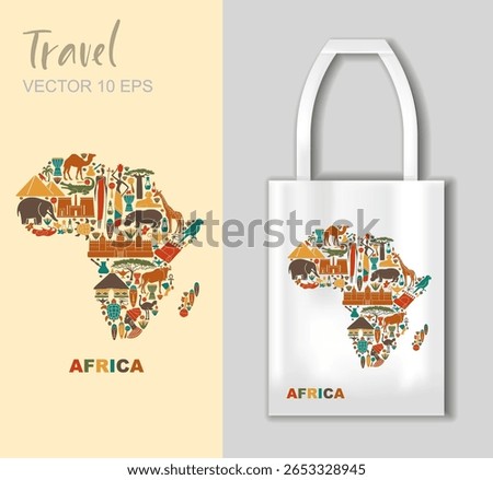 Colorful vector map of Africa made of traditional symbols with tote bag mockup for travel and cultural design projects