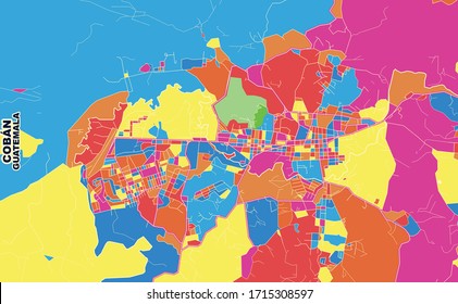 Mapa vectorial colorido de Cobán, Alta Verapaz, Guatemala. Plantilla de Mapa de Arte para autoimprimir arte en formato paisajístico.