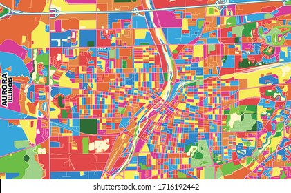 Colorful vector map of Aurora, Illinois, USA. Art Map template for selfprinting wall art in landscape format. svg