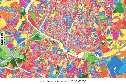 Colorful Vector Map Of Austin, Texas, U.S.A.. Art Map Template For Selfprinting Wall Art In Landscape Format.