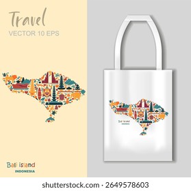 Colorful vector map of Bali with traditional culture icons animals temples and nature in flat style. Includes tote bag mockup. Perfect for travel prints souvenirs tourism gifts and Indonesian design p