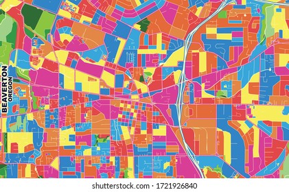 Colorful vector map of Beaverton, Oregon, USA. Art Map template for selfprinting wall art in landscape format.