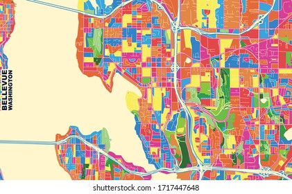 Colorful vector map of Bellevue, Washington, USA. Art Map template for selfprinting wall art in landscape format.