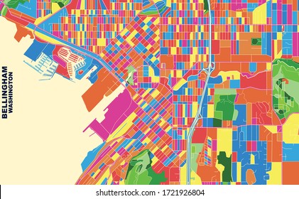 Colorful vector map of Bellingham, Washington, USA. Art Map template for selfprinting wall art in landscape format.