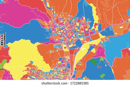 Colorful vector map of Bello, Colombia. Art Map template for selfprinting wall art in landscape format.