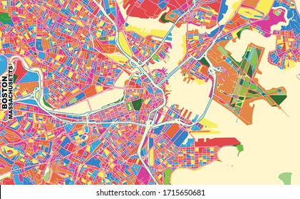 Colorful vector map of Boston, Massachusetts, U.S.A.. Art Map template for selfprinting wall art in landscape format. svg