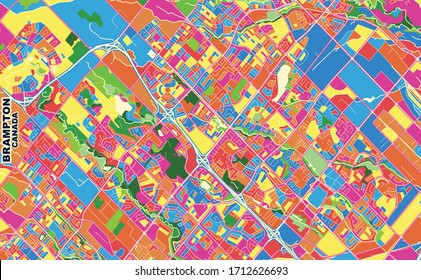 Colorful vector map of Brampton, Ontario, Canada. Art Map template for selfprinting wall art in landscape format.