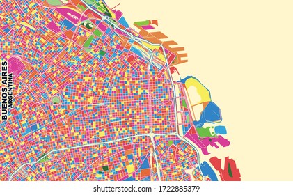 Colorful vector map of Buenos Aires, Argentina. Art Map template for selfprinting wall art in landscape format.