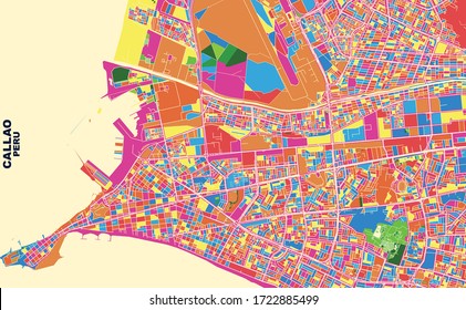 Colorful vector map of Callao, Peru. Art Map template for selfprinting wall art in landscape format.
