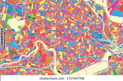Colorful Vector Map Of Cambridge, Massachusetts, USA. Art Map Template For Selfprinting Wall Art In Landscape Format.