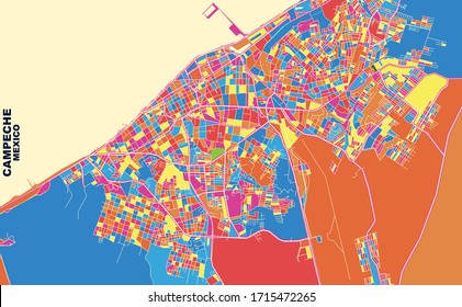 Colorful vector map of Campeche, Campeche, Mexico. Art Map template for selfprinting wall art in landscape format.