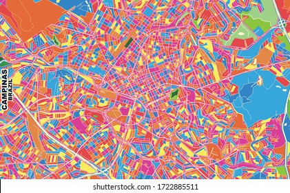 Colorful vector map of Campinas, Brazil. Art Map template for selfprinting wall art in landscape format.