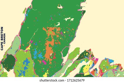 Colorful vector map of Cape Breton, Nova Scotia, Canada. Art Map template for selfprinting wall art in landscape format.