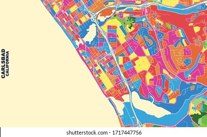 Colorful Vector Map Of Carlsbad, California, USA. Art Map Template For Selfprinting Wall Art In Landscape Format.