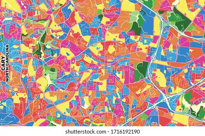 Colorful vector map of Cary, North Carolina, USA. Art Map template for selfprinting wall art in landscape format.